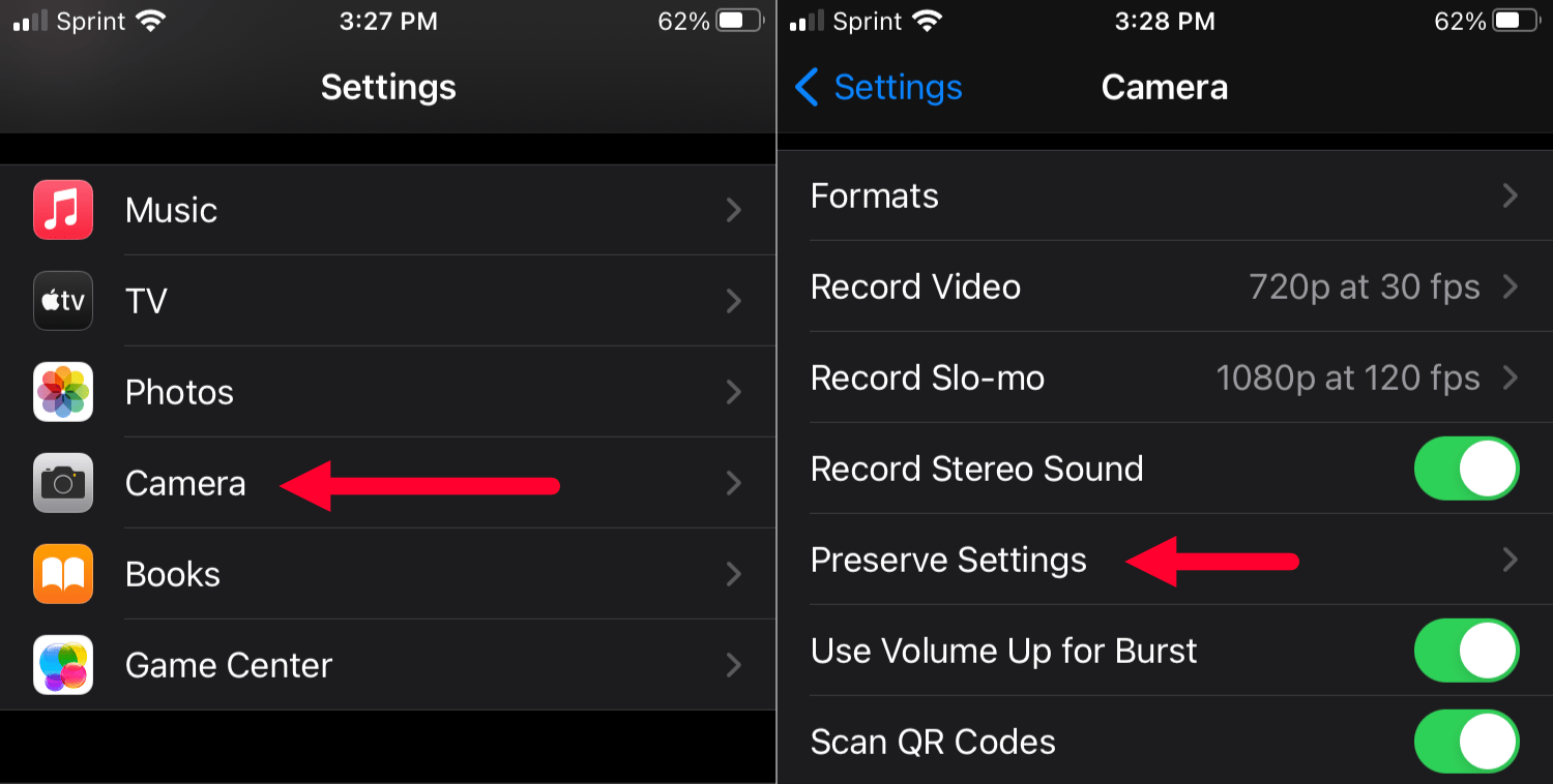 iPhone Camera Settings preserve settings