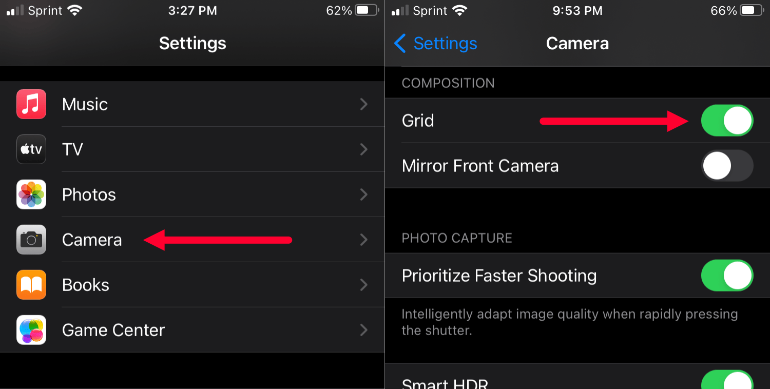 iPhone Camera Settings show hide grid